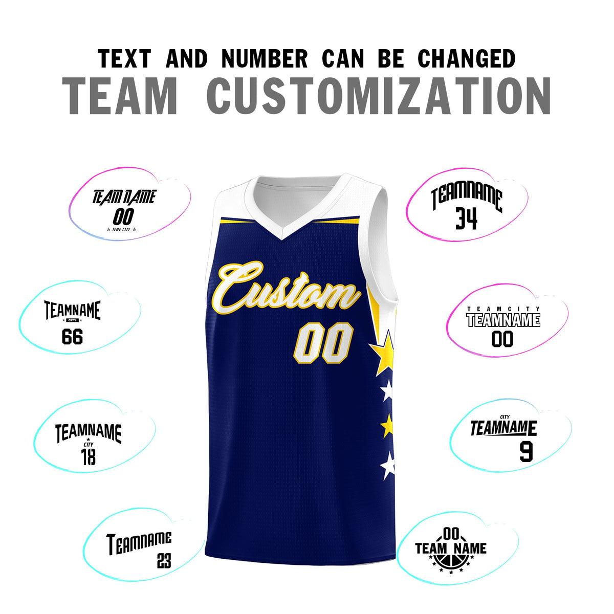 Custom Youth Basketball Uniform Navy White Two Tone Side Star Add Name Number &amp; Logo