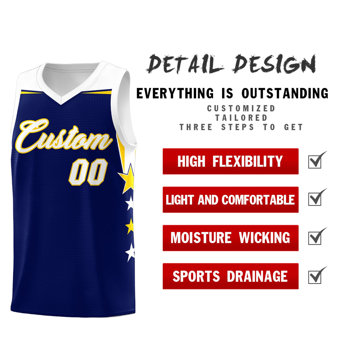 Custom Youth Basketball Uniform Navy White Two Tone Side Star Add Name Number &amp; Logo