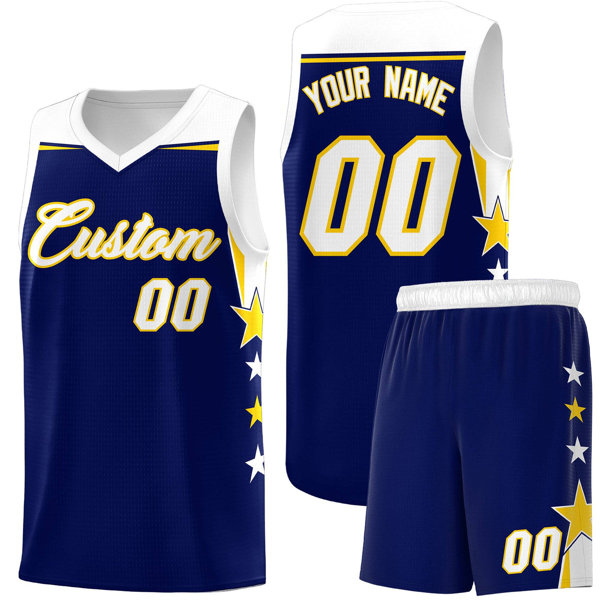 Custom Youth Basketball Uniform Navy White Two Tone Side Star Add Name Number &amp; Logo