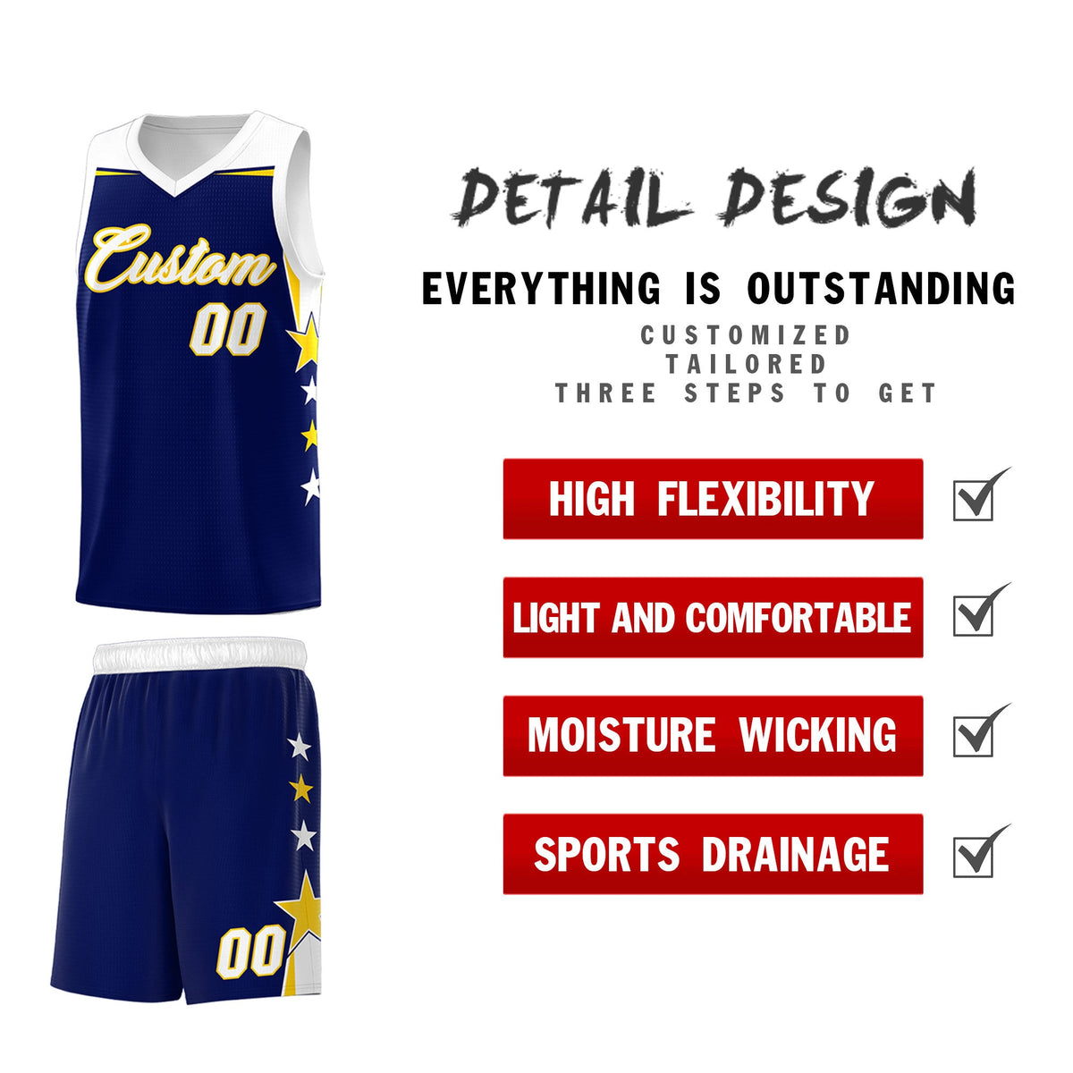Custom Youth Basketball Uniform Navy White Two Tone Side Star Add Name Number &amp; Logo