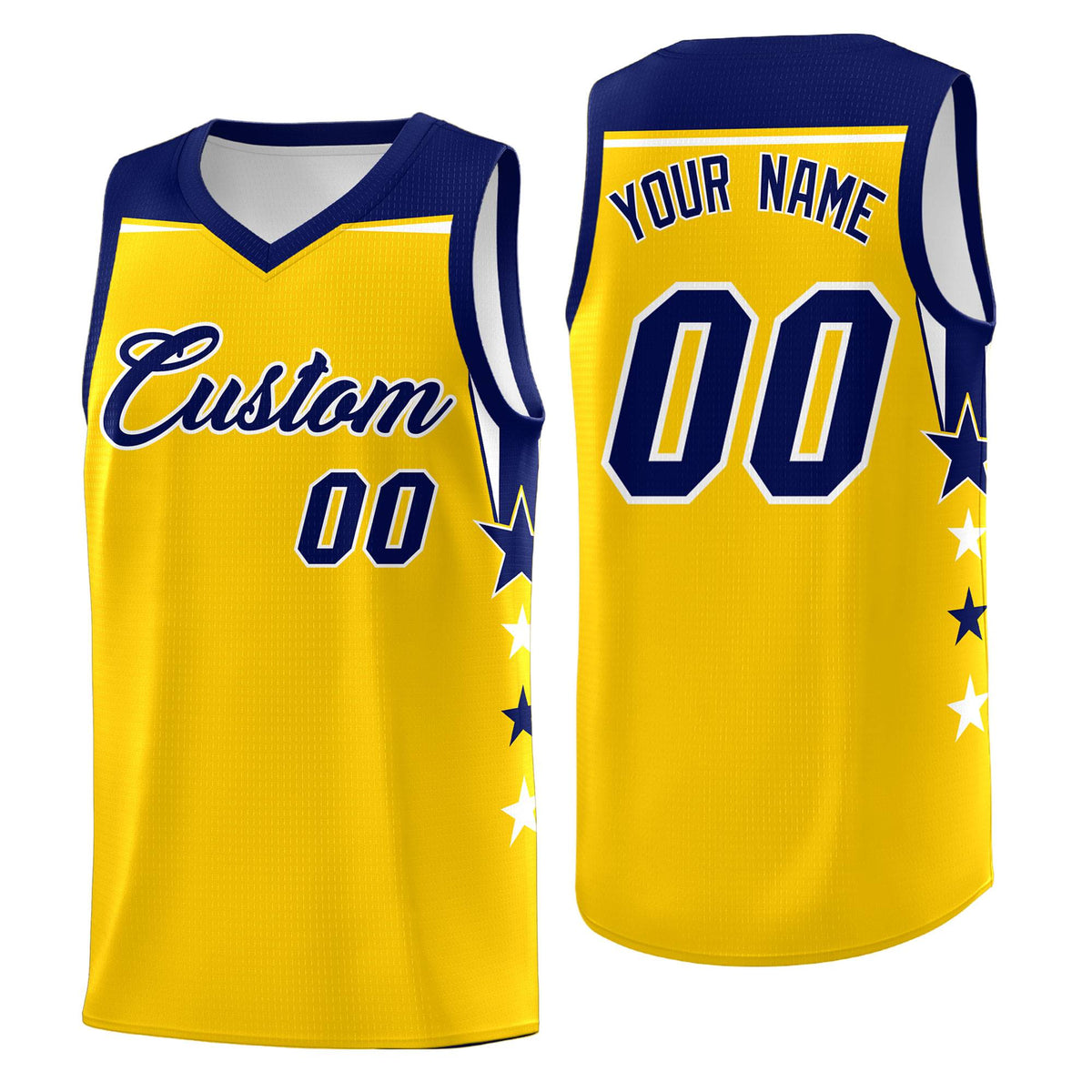 Custom Youth Basketball Uniform Gold Navy Two Tone Side Star Personalized Team Jersey