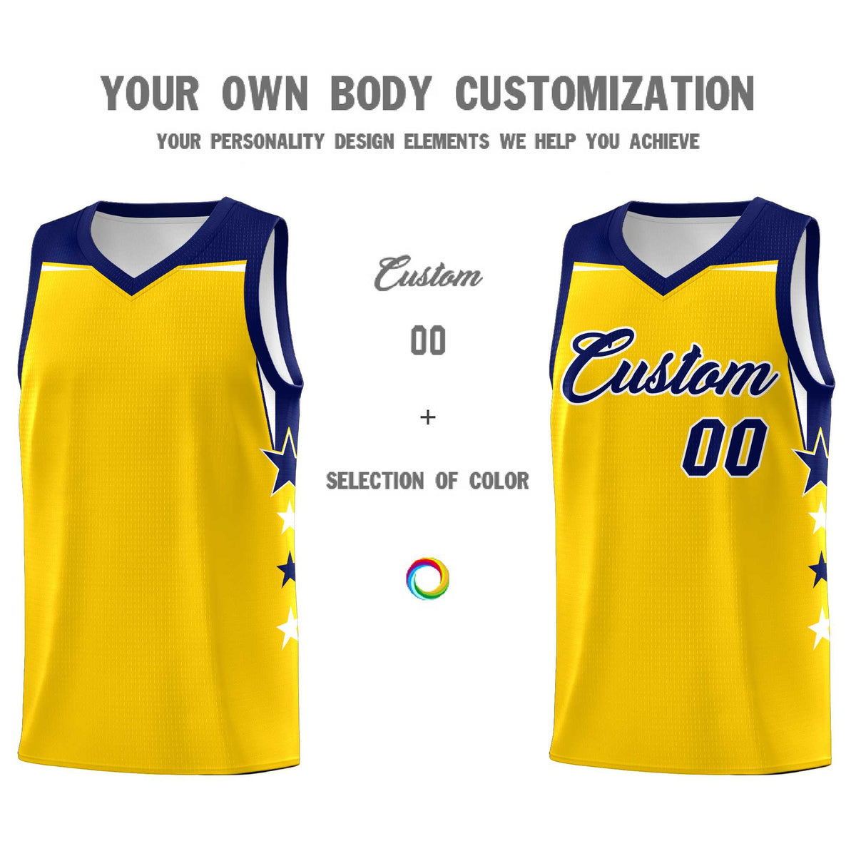 Custom Youth Basketball Uniform Gold Navy Two Tone Side Star Personalized Team Jersey
