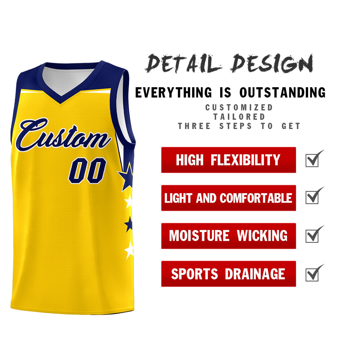 Custom Youth Basketball Uniform Gold Navy Two Tone Side Star Personalized Team Jersey