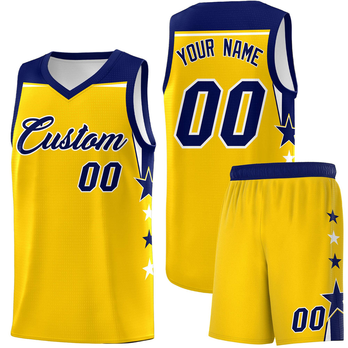 Custom Youth Basketball Uniform Gold Navy Two Tone Side Star Personalized Team Jersey