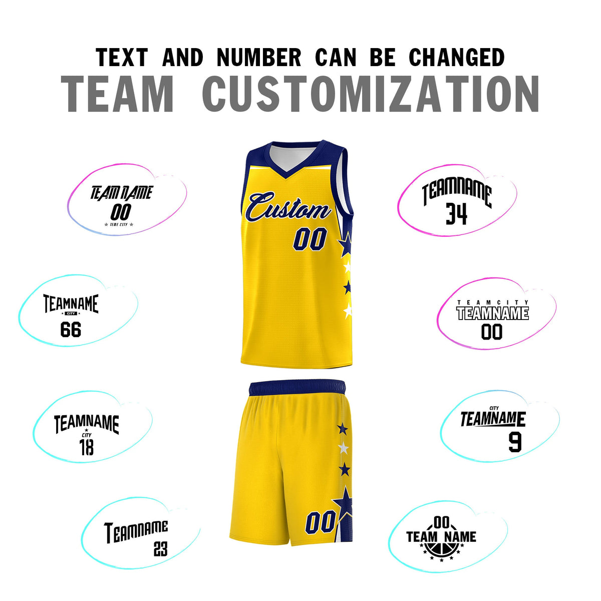 Custom Youth Basketball Uniform Gold Navy Two Tone Side Star Personalized Team Jersey