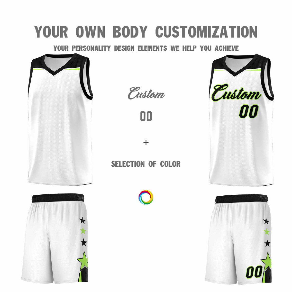 Custom Youth Basketball Uniform White Black Two Tone Side Star Add Name Number &amp; Logo