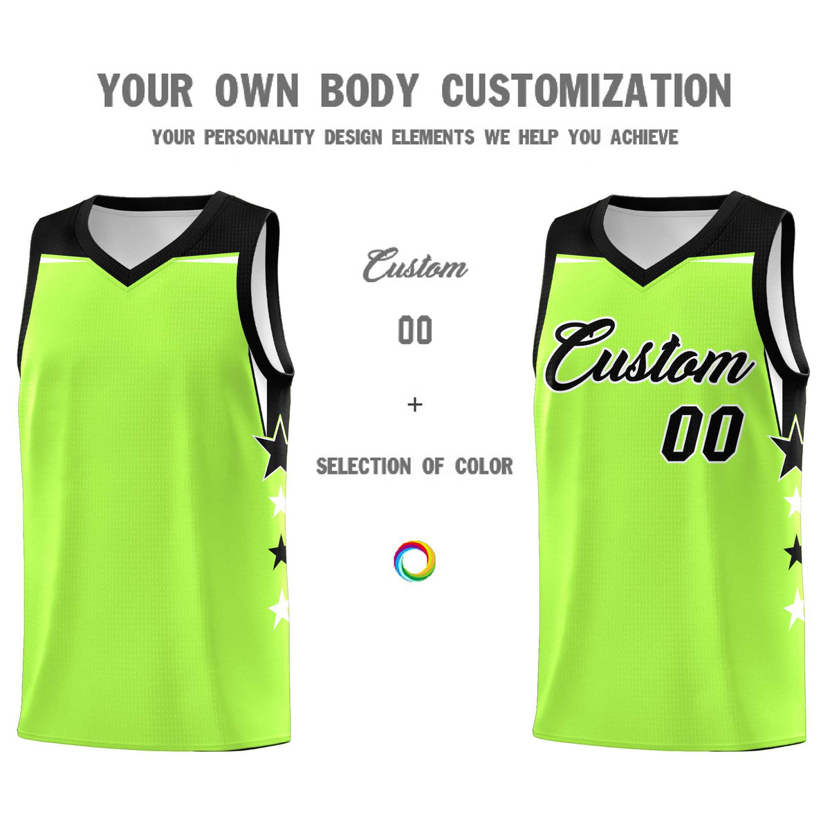 Custom Youth Basketball Uniform Fluorescent Green Black Two Tone Side Star Add Name Number &amp; Logo