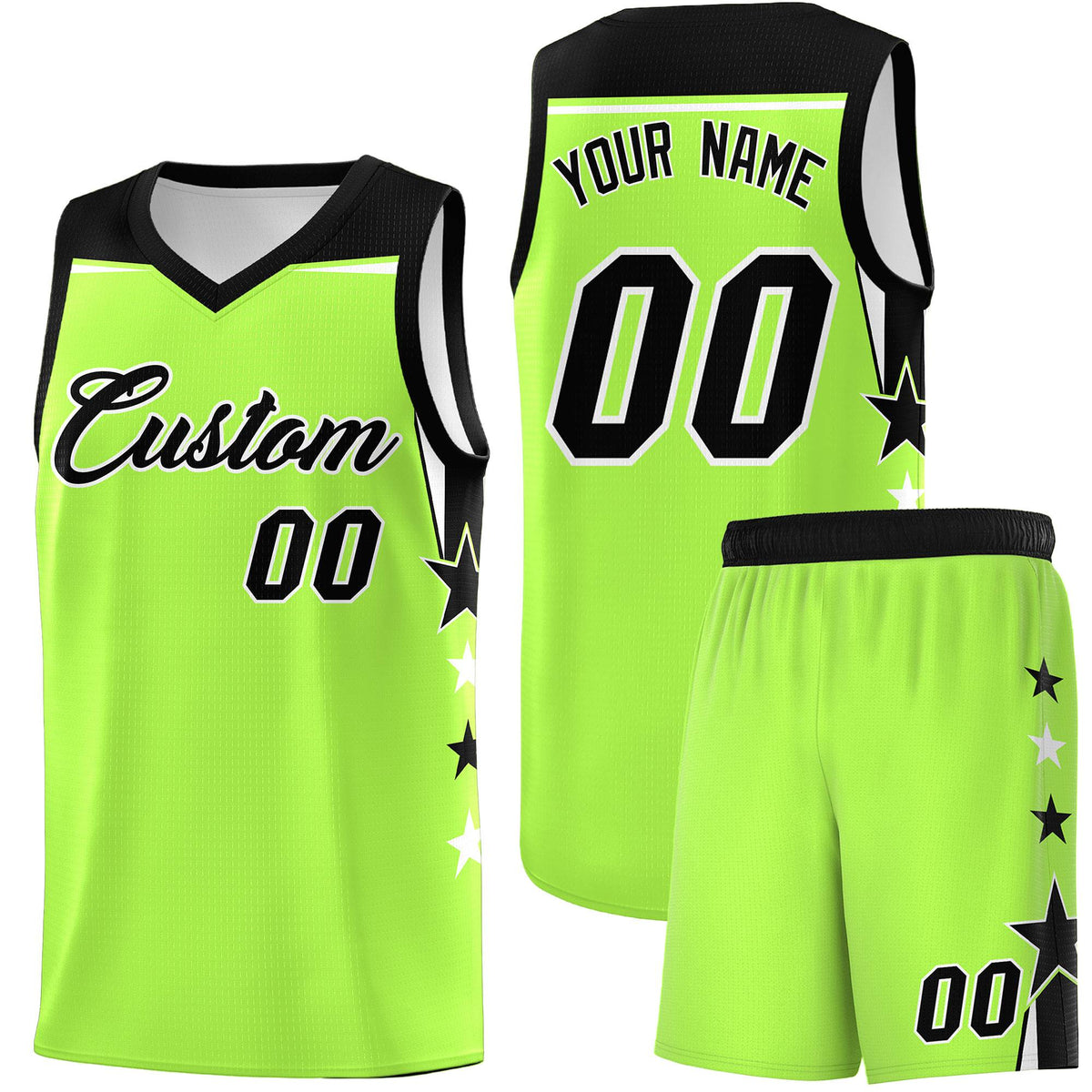Custom Youth Basketball Uniform Fluorescent Green Black Two Tone Side Star Add Name Number &amp; Logo