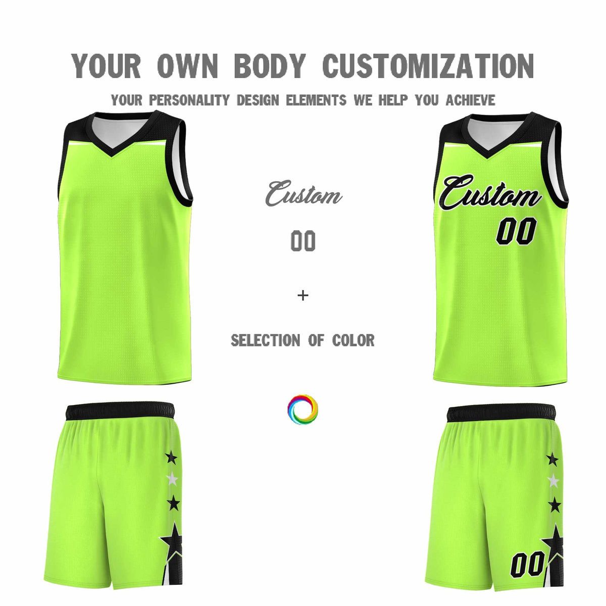 Custom Youth Basketball Uniform Fluorescent Green Black Two Tone Side Star Add Name Number &amp; Logo