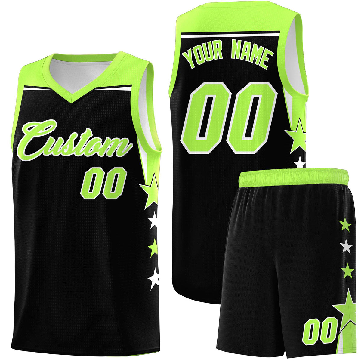 Custom Youth Basketball Uniform Black Fluorescent Green Two Tone Side Star Personalized Team Jersey