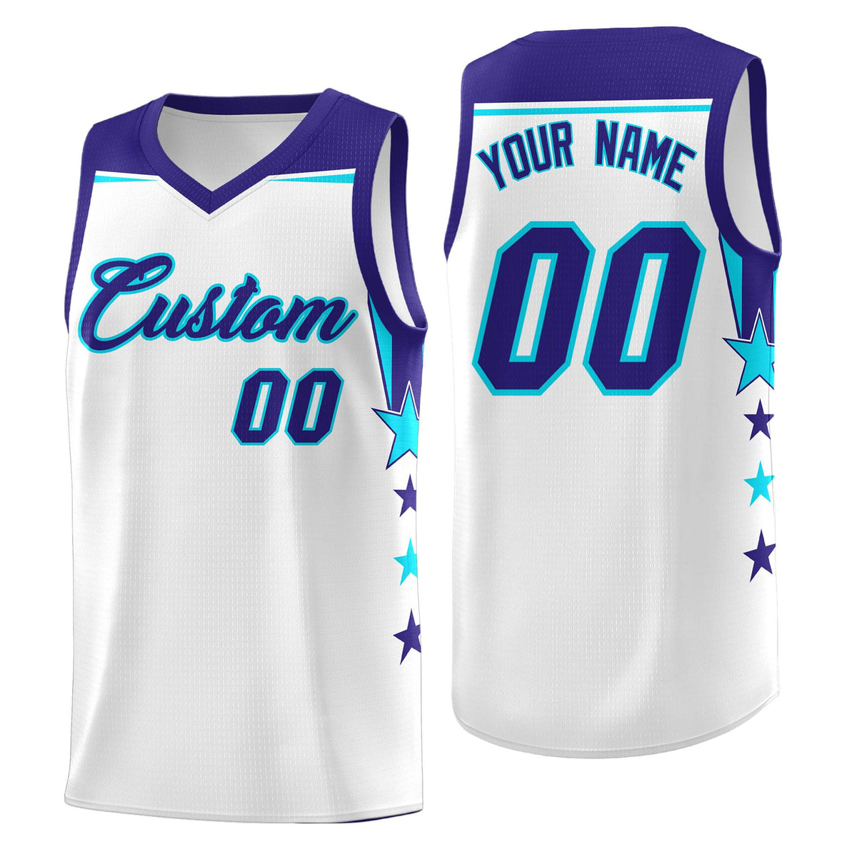 Custom Youth Basketball Uniform White Royal Two Tone Side Star Color Block Team Jersey