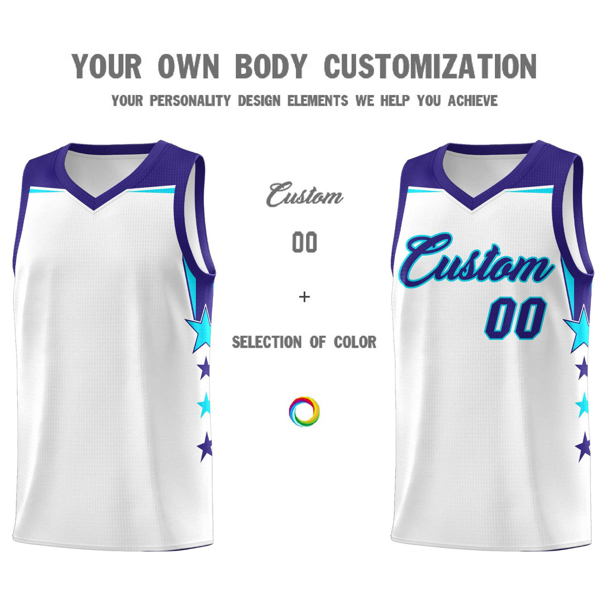 Custom Youth Basketball Uniform White Royal Two Tone Side Star Color Block Team Jersey