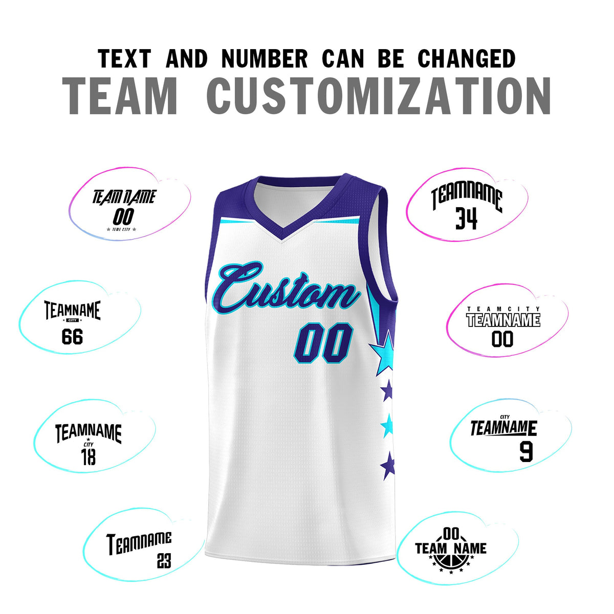 Custom Youth Basketball Uniform White Royal Two Tone Side Star Color Block Team Jersey