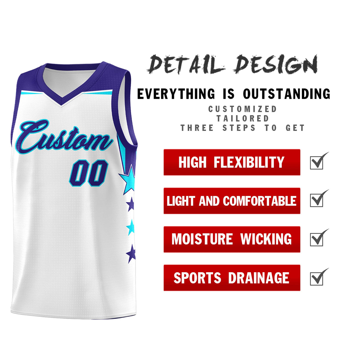 Custom Youth Basketball Uniform White Royal Two Tone Side Star Color Block Team Jersey