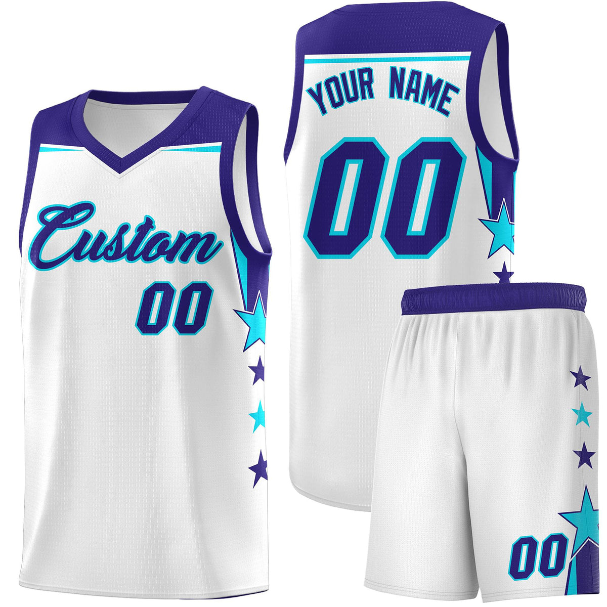 Custom Youth Basketball Uniform White Royal Two Tone Side Star Color Block Team Jersey