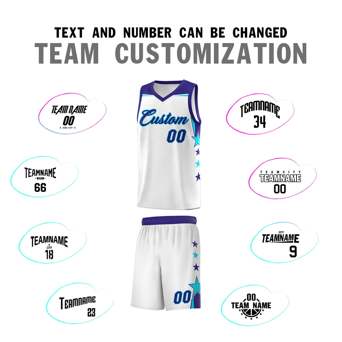 Custom Youth Basketball Uniform White Royal Two Tone Side Star Color Block Team Jersey