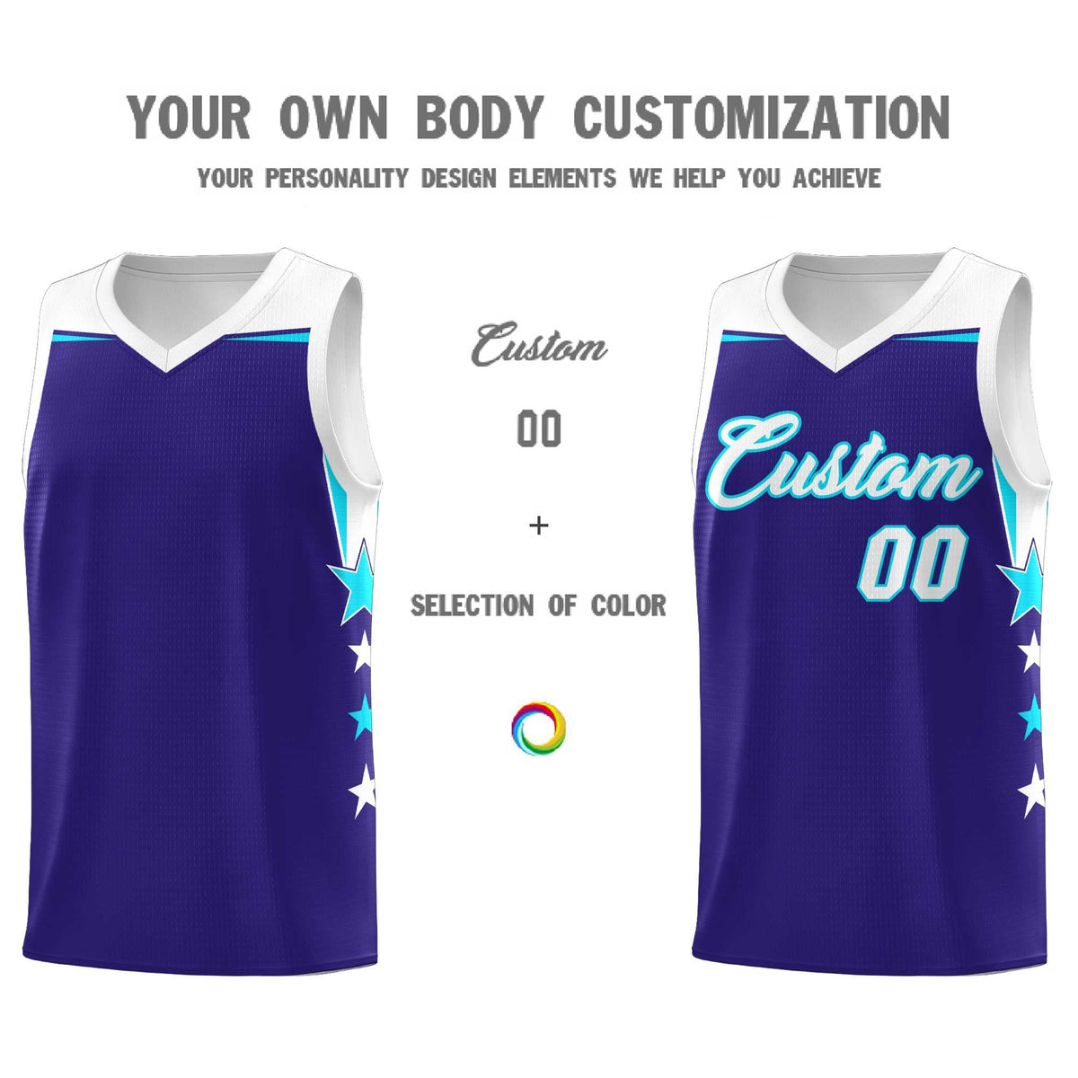 Custom Youth Basketball Uniform Royal White Two Tone Side Star Add Name Number &amp; Logo