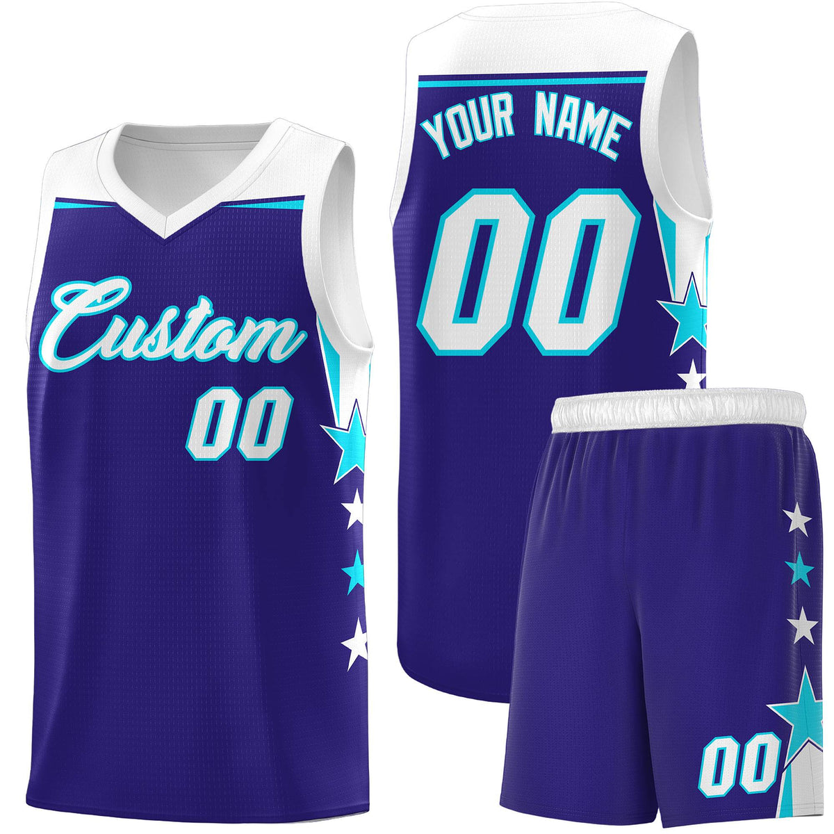 Custom Youth Basketball Uniform Royal White Two Tone Side Star Add Name Number &amp; Logo