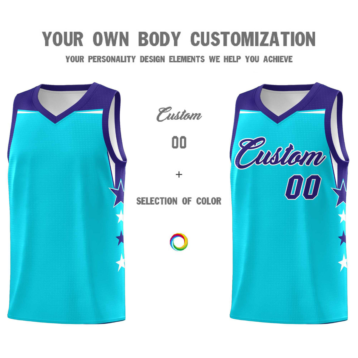 Custom Youth Basketball Uniform Sky Blue Royal Two Tone Side Star Personalized Team Jersey