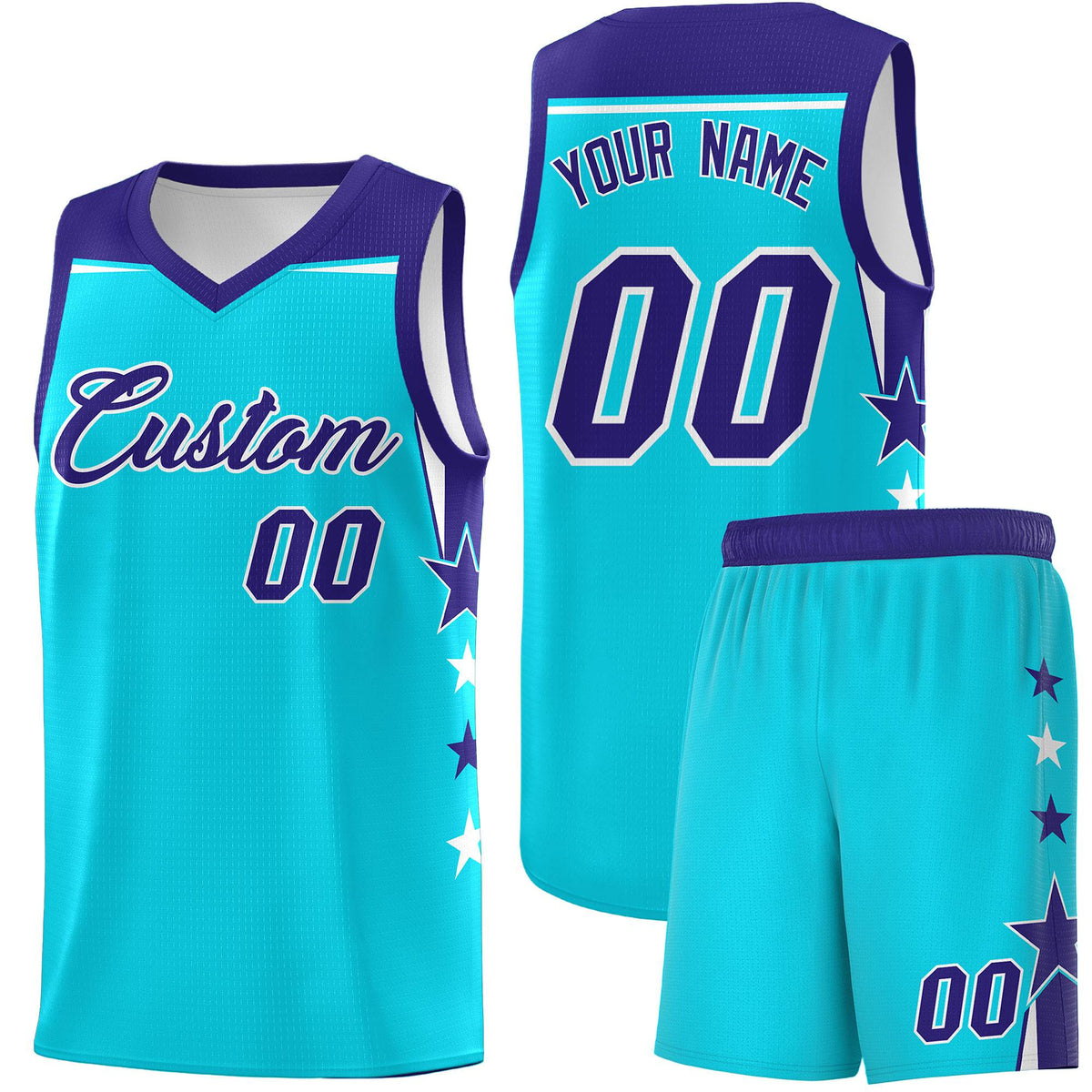 Custom Youth Basketball Uniform Sky Blue Royal Two Tone Side Star Personalized Team Jersey