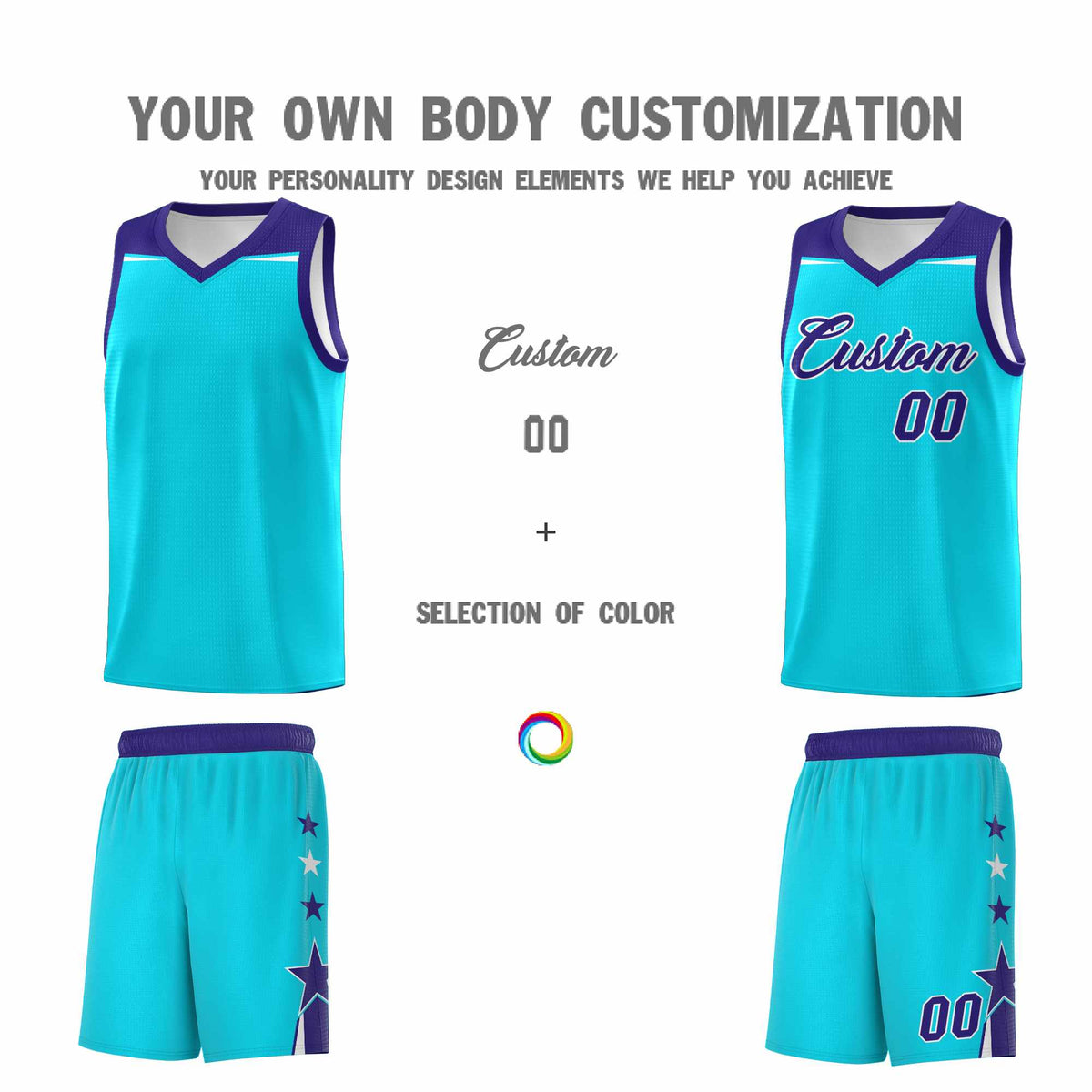 Custom Youth Basketball Uniform Sky Blue Royal Two Tone Side Star Personalized Team Jersey