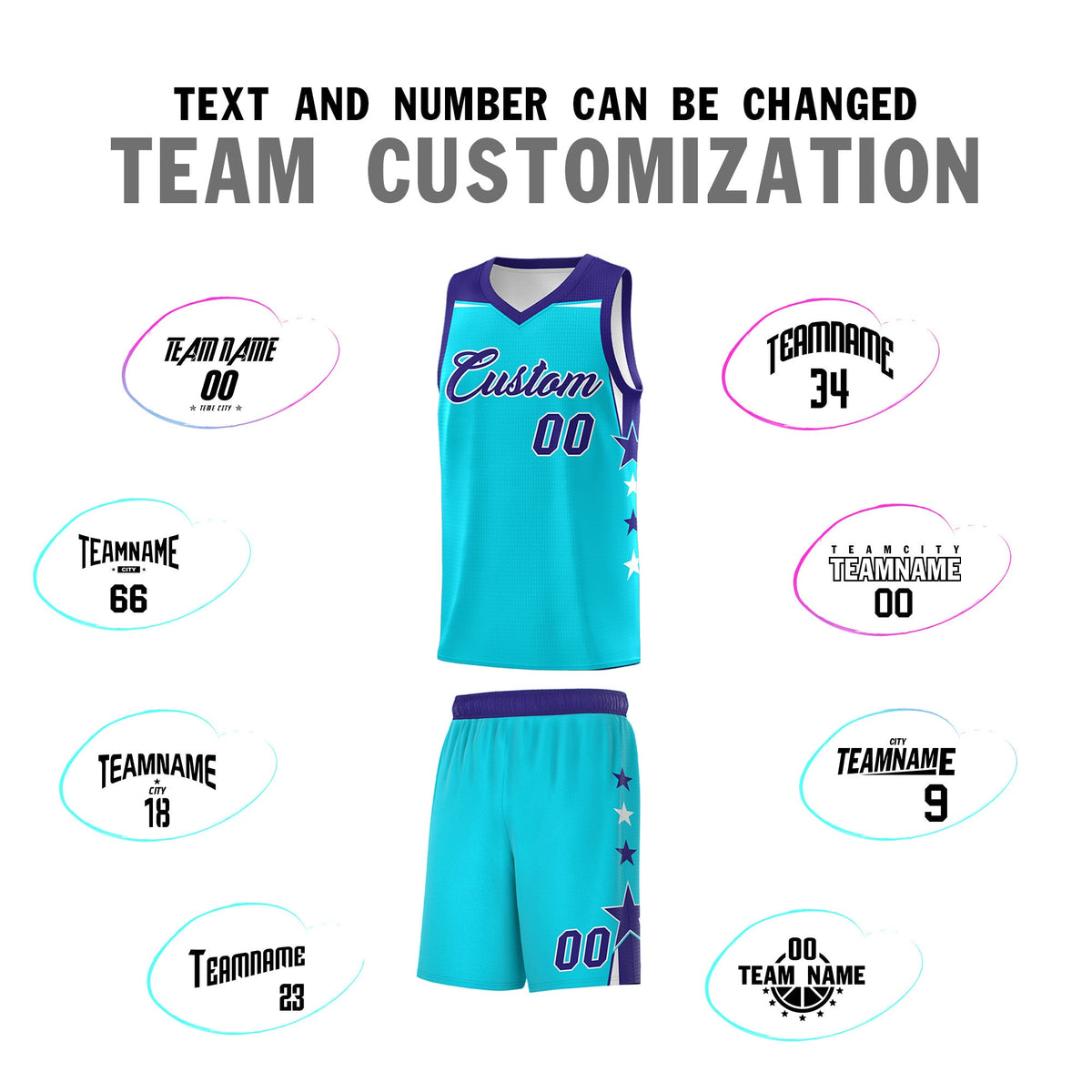 Custom Youth Basketball Uniform Sky Blue Royal Two Tone Side Star Personalized Team Jersey