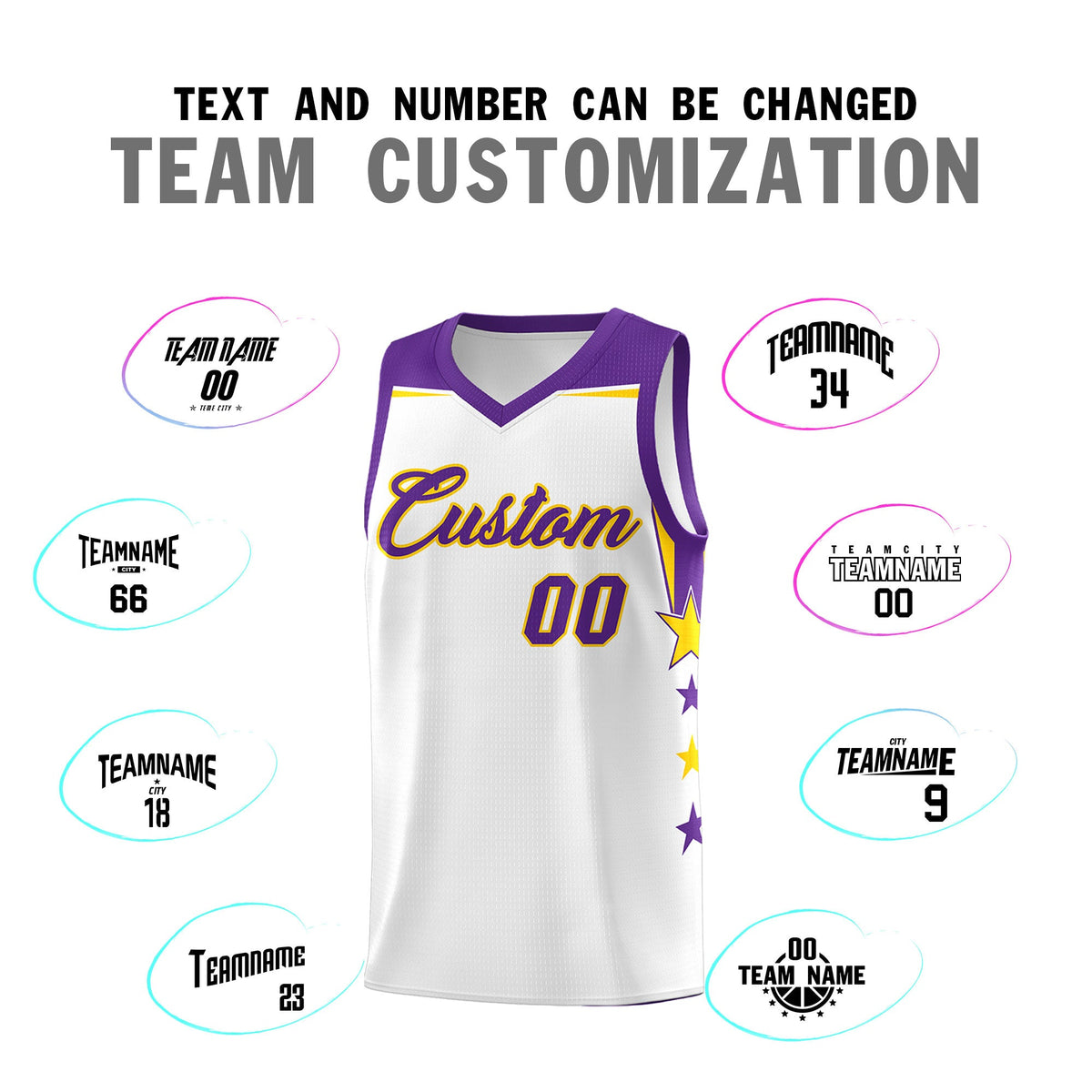 Custom Youth Basketball Uniform White Purple Two Tone Side Star Color Block Team Jersey