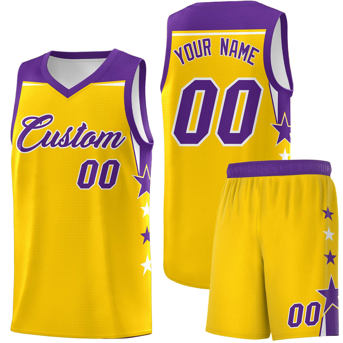 Custom Youth Basketball Uniform Gold Purple Two Tone Side Star Personalized Team Jersey