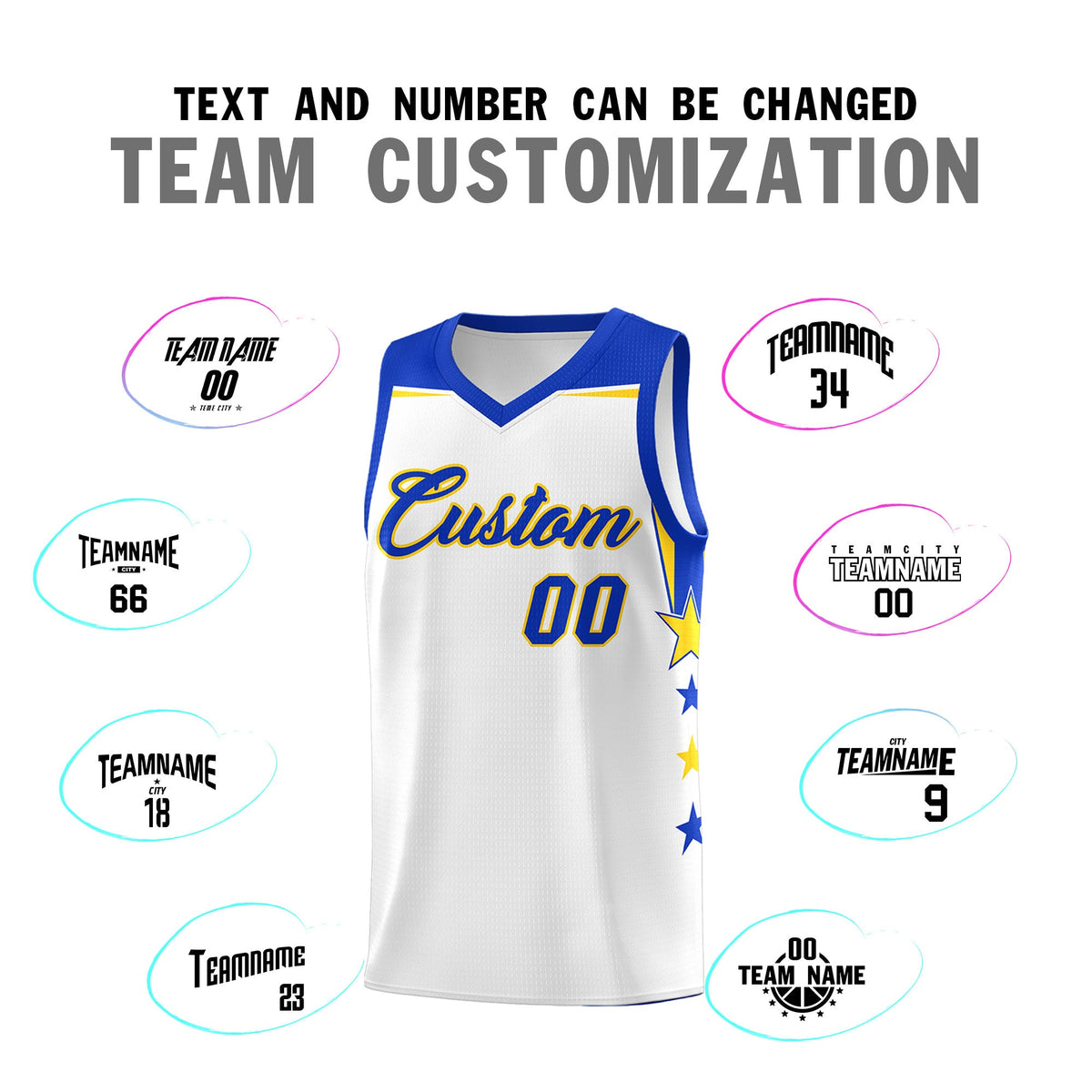 Custom Youth Basketball Uniform White Royal Two Tone Side Star Color Block Team Jersey