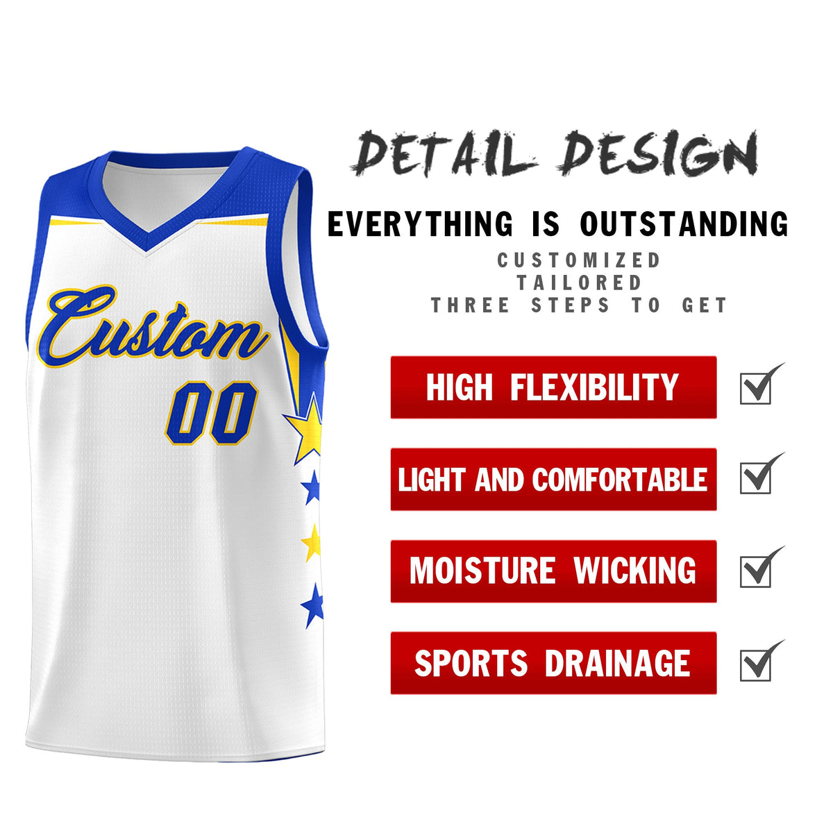 Custom Youth Basketball Uniform White Royal Two Tone Side Star Color Block Team Jersey