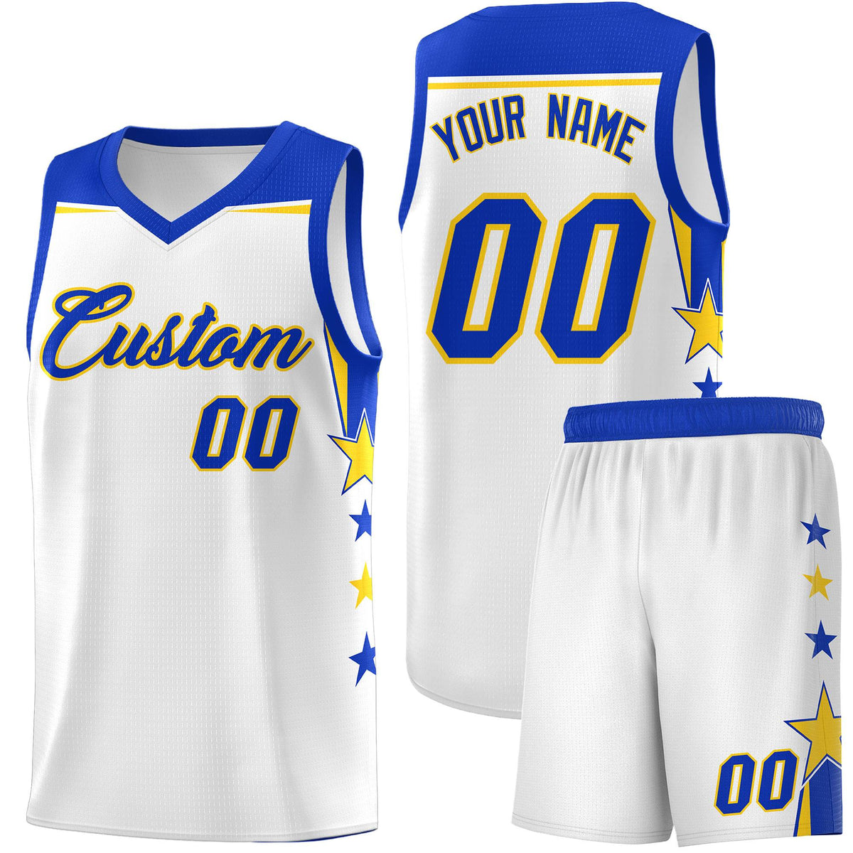 Custom Youth Basketball Uniform White Royal Two Tone Side Star Color Block Team Jersey
