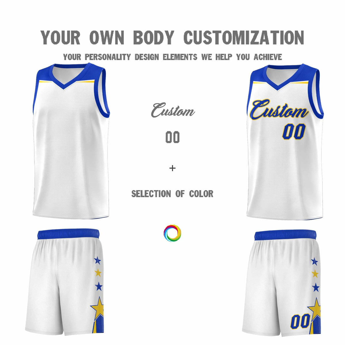 Custom Youth Basketball Uniform White Royal Two Tone Side Star Color Block Team Jersey