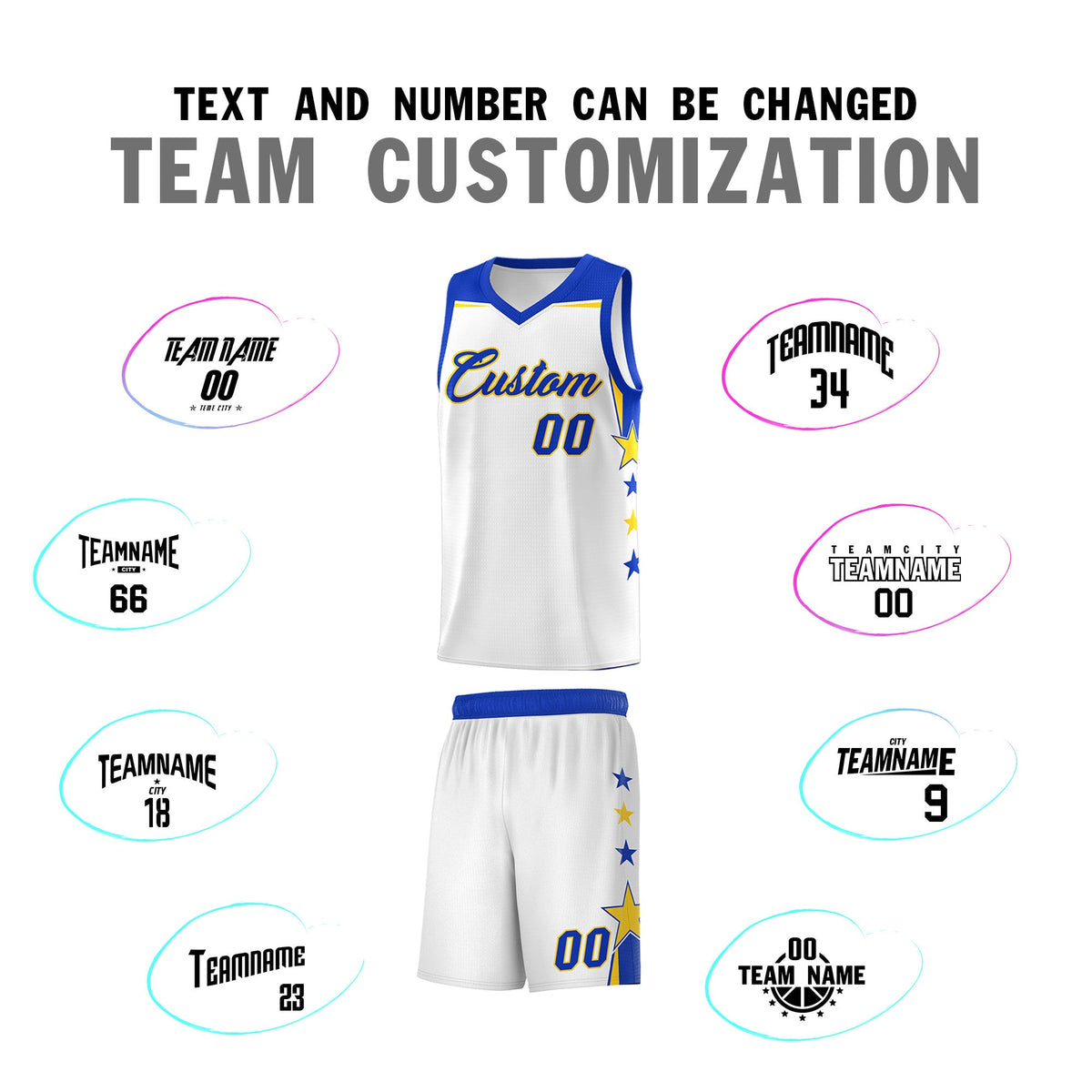 Custom Youth Basketball Uniform White Royal Two Tone Side Star Color Block Team Jersey
