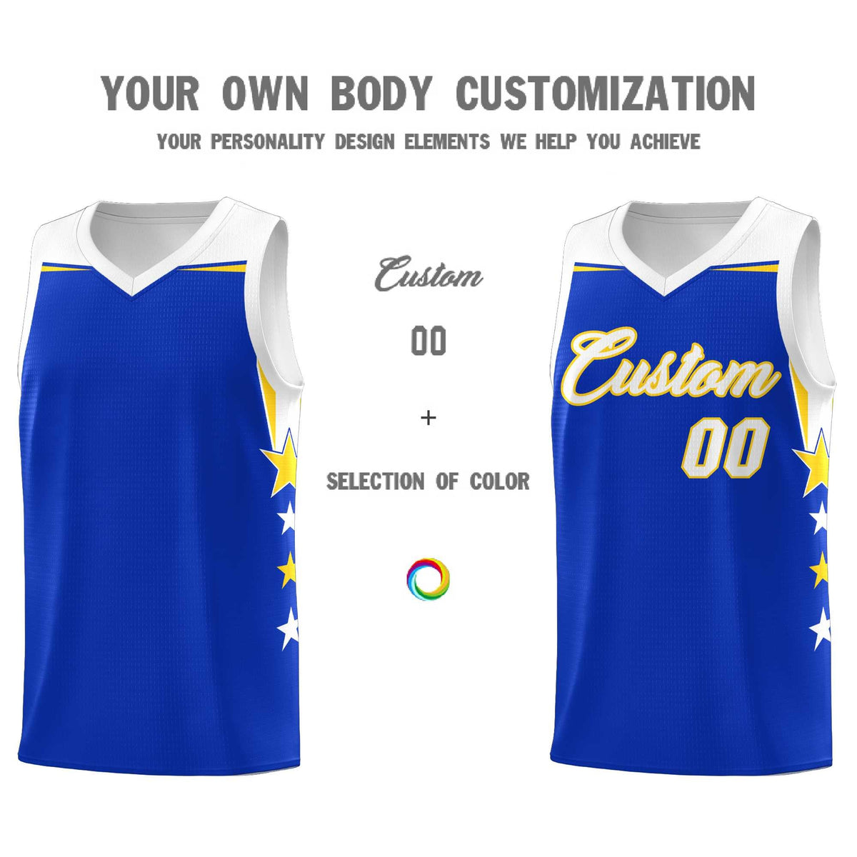 Custom Youth Basketball Uniform Royal White Two Tone Side Star Add Name Number &amp; Logo