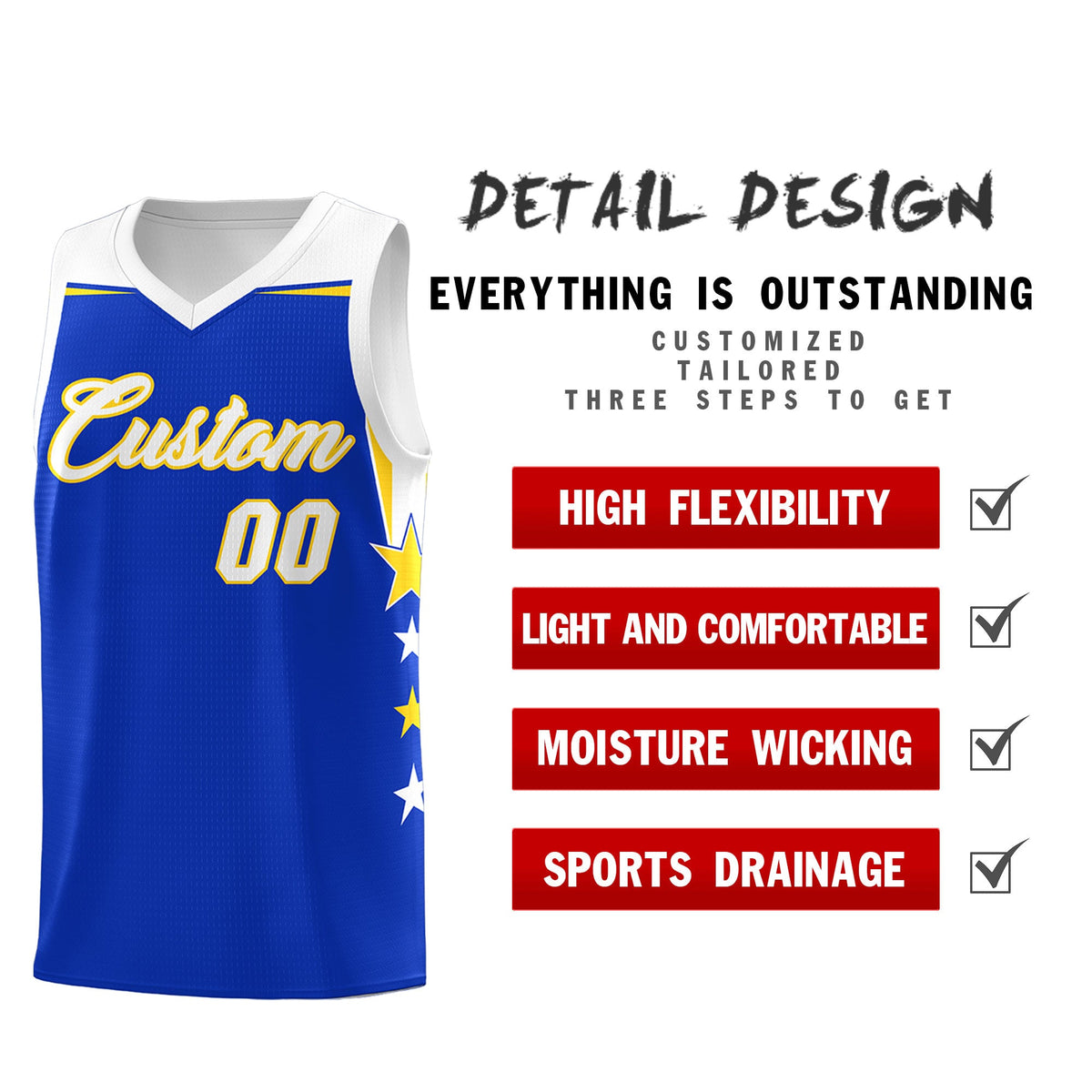 Custom Youth Basketball Uniform Royal White Two Tone Side Star Add Name Number &amp; Logo