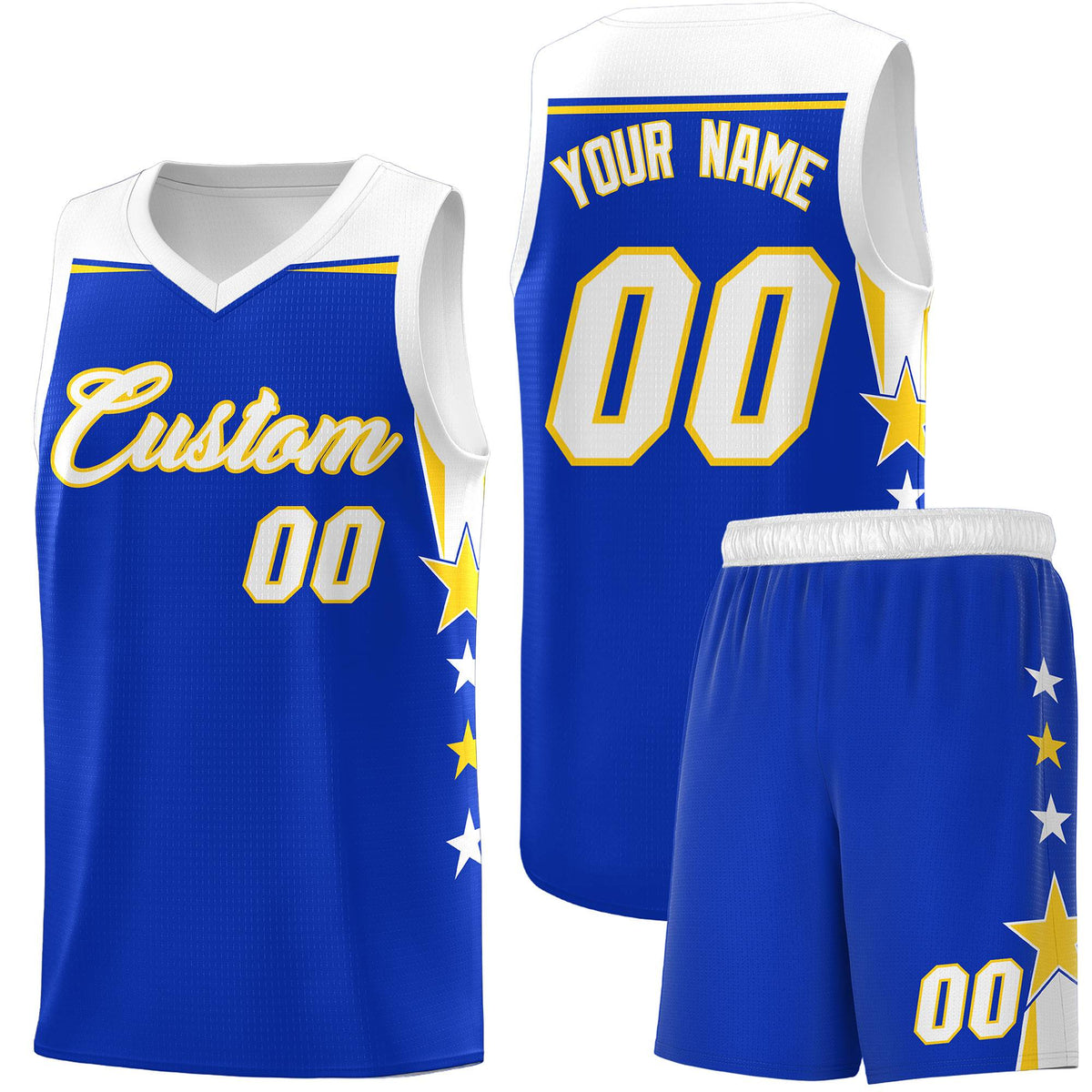 Custom Youth Basketball Uniform Royal White Two Tone Side Star Add Name Number &amp; Logo