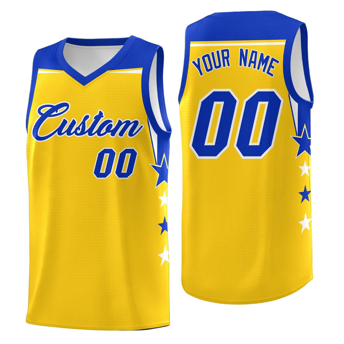 Custom Youth Basketball Uniform Gold Royal Two Tone Side Star Personalized Team Jersey