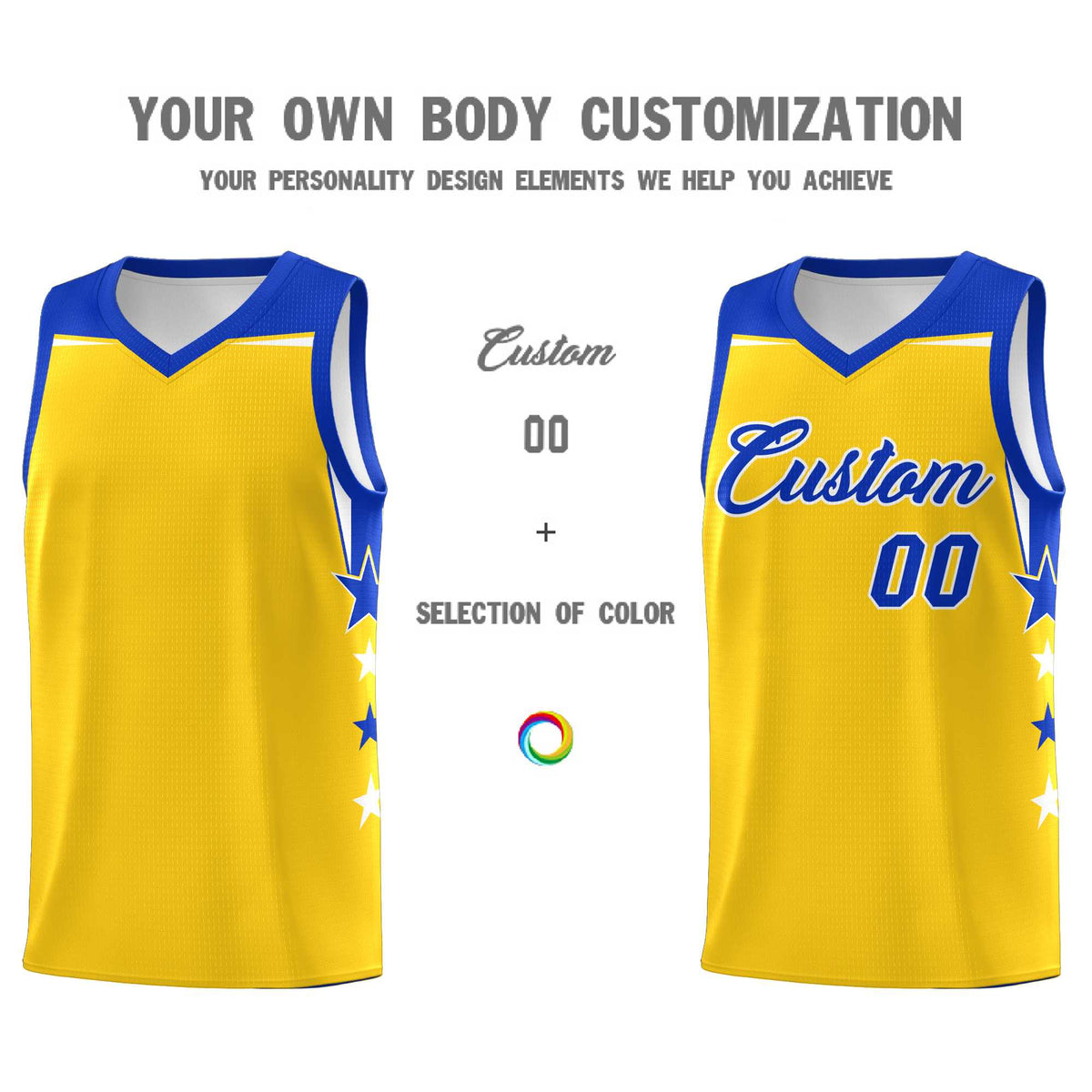 Custom Youth Basketball Uniform Gold Royal Two Tone Side Star Personalized Team Jersey