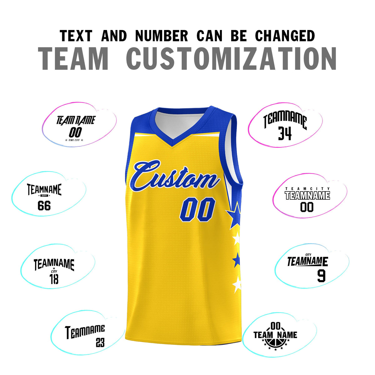 Custom Youth Basketball Uniform Gold Royal Two Tone Side Star Personalized Team Jersey