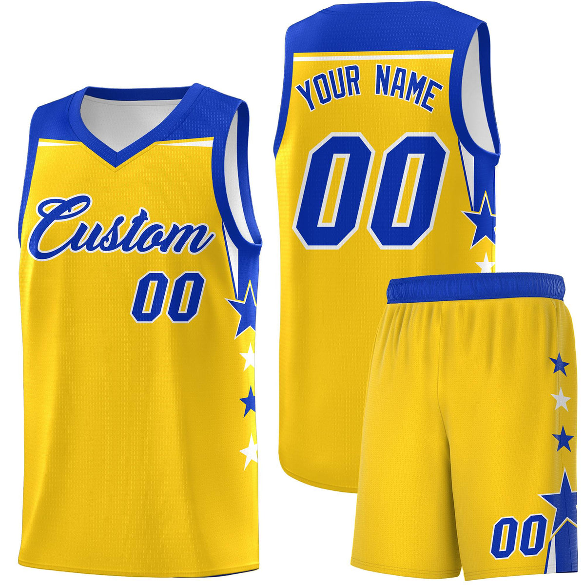 Custom Youth Basketball Uniform Gold Royal Two Tone Side Star Personalized Team Jersey