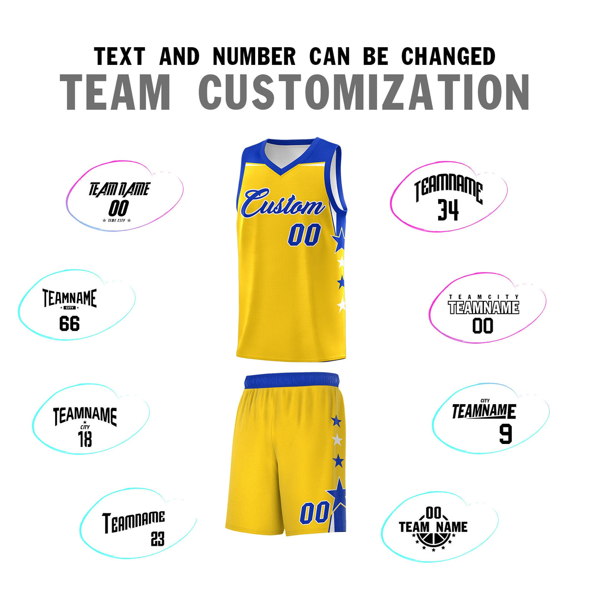 Custom Youth Basketball Uniform Gold Royal Two Tone Side Star Personalized Team Jersey