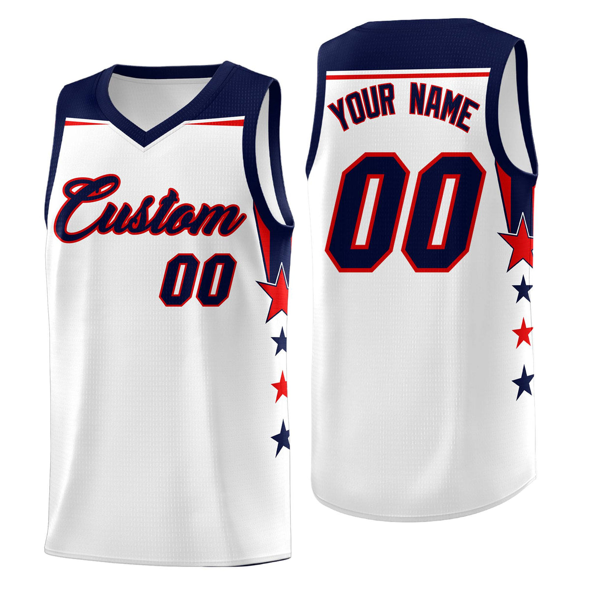 Custom Youth Basketball Uniform White Navy Two Tone Side Star Color Block Team Jersey