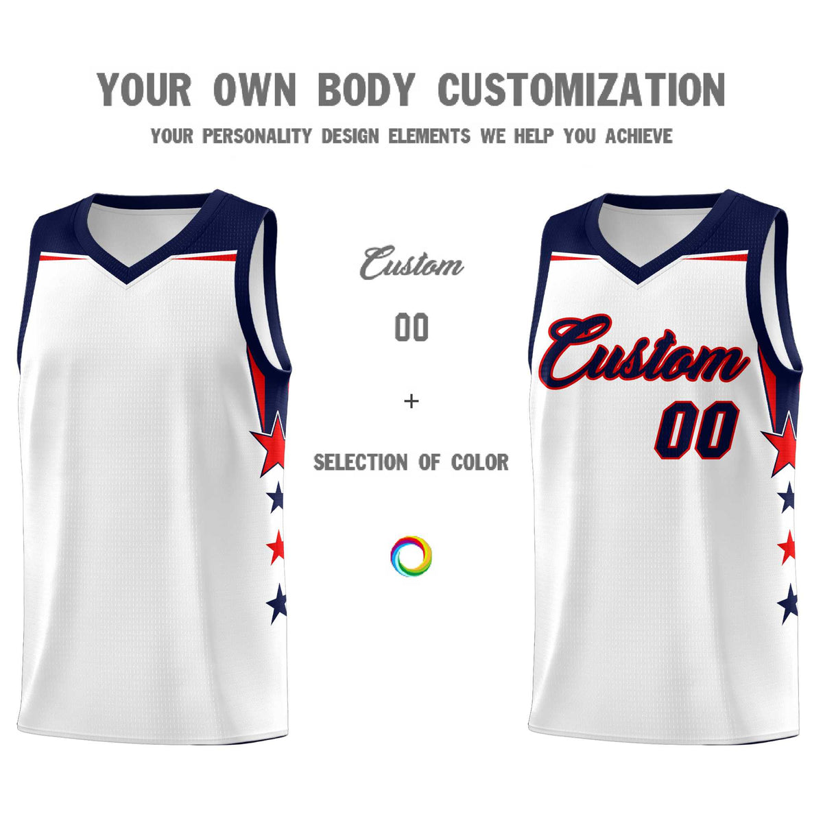 Custom Youth Basketball Uniform White Navy Two Tone Side Star Color Block Team Jersey