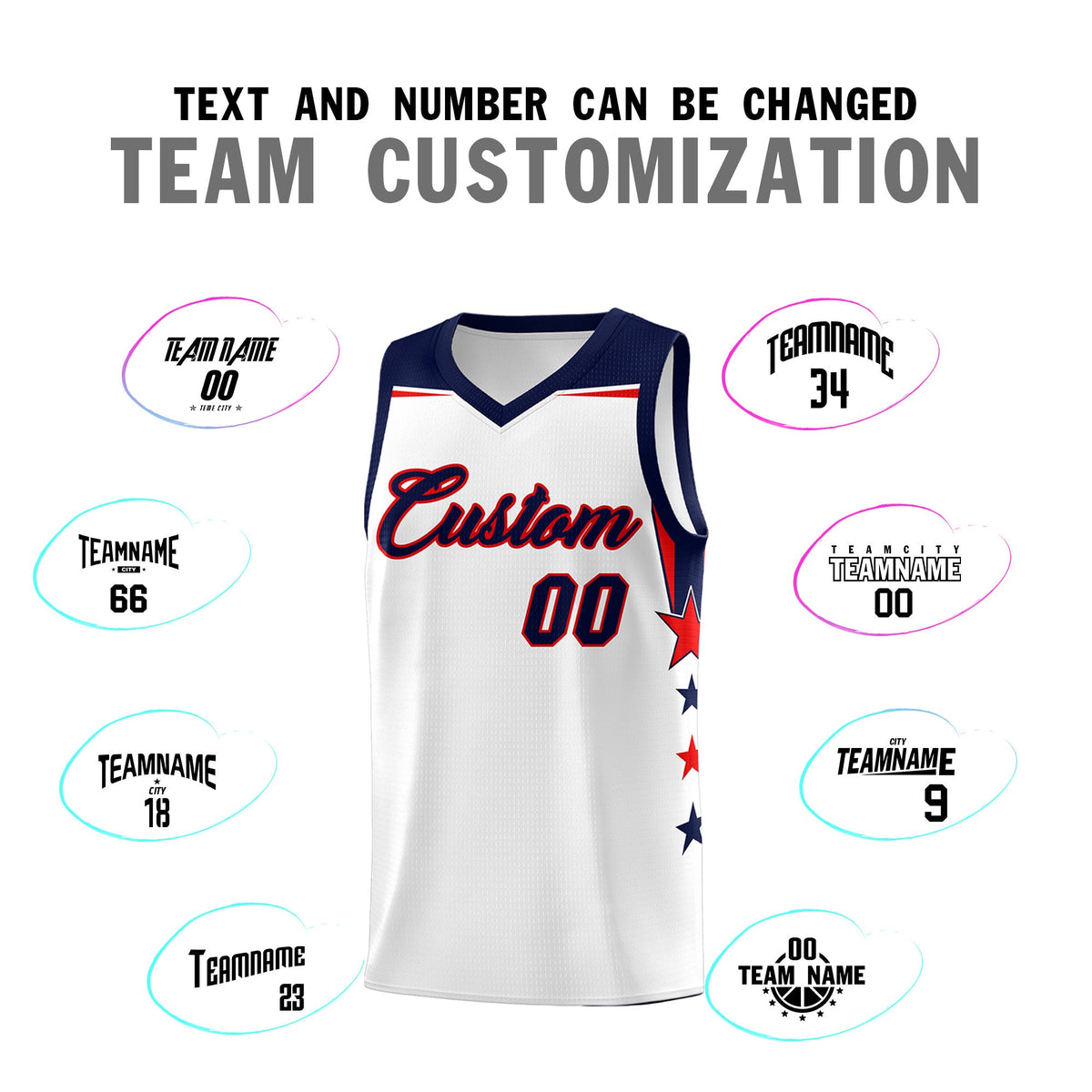 Custom Youth Basketball Uniform White Navy Two Tone Side Star Color Block Team Jersey