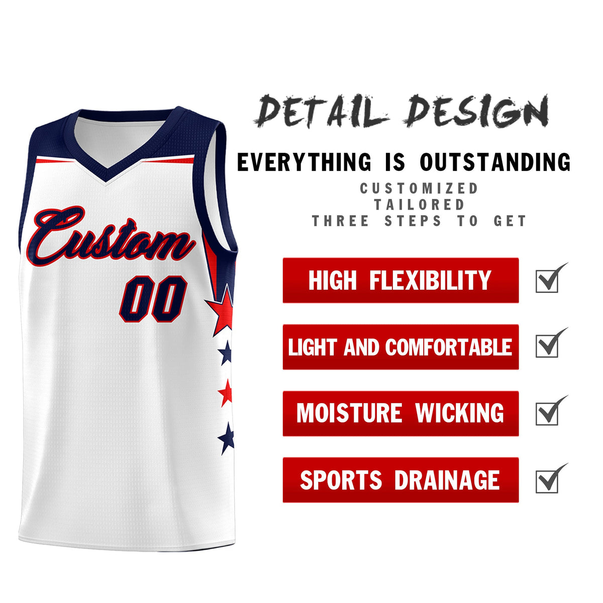 Custom Youth Basketball Uniform White Navy Two Tone Side Star Color Block Team Jersey