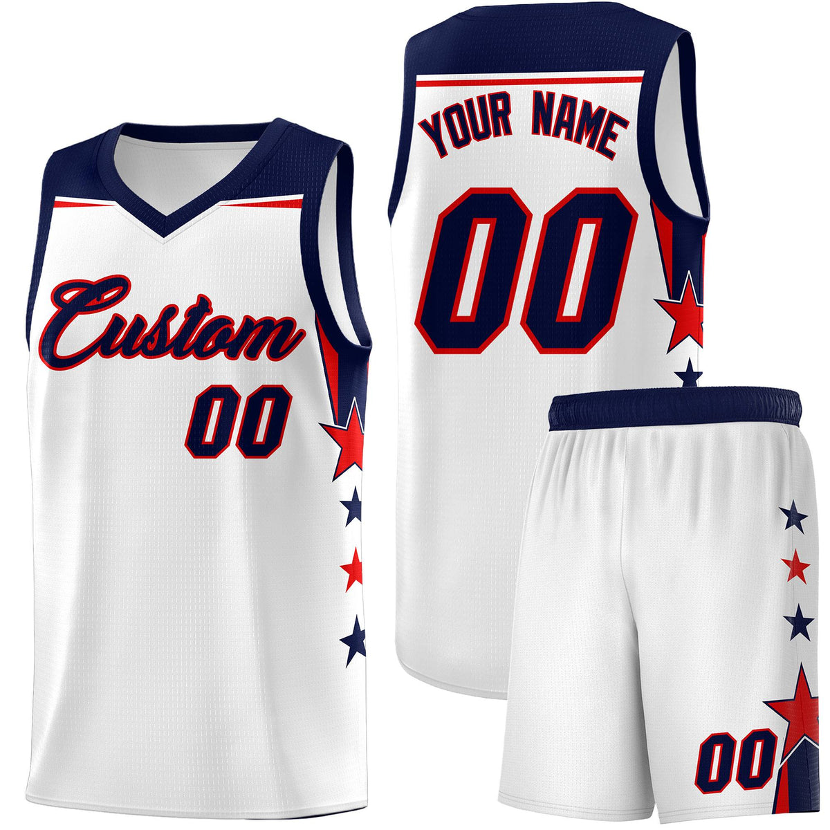 Custom Youth Basketball Uniform White Navy Two Tone Side Star Color Block Team Jersey