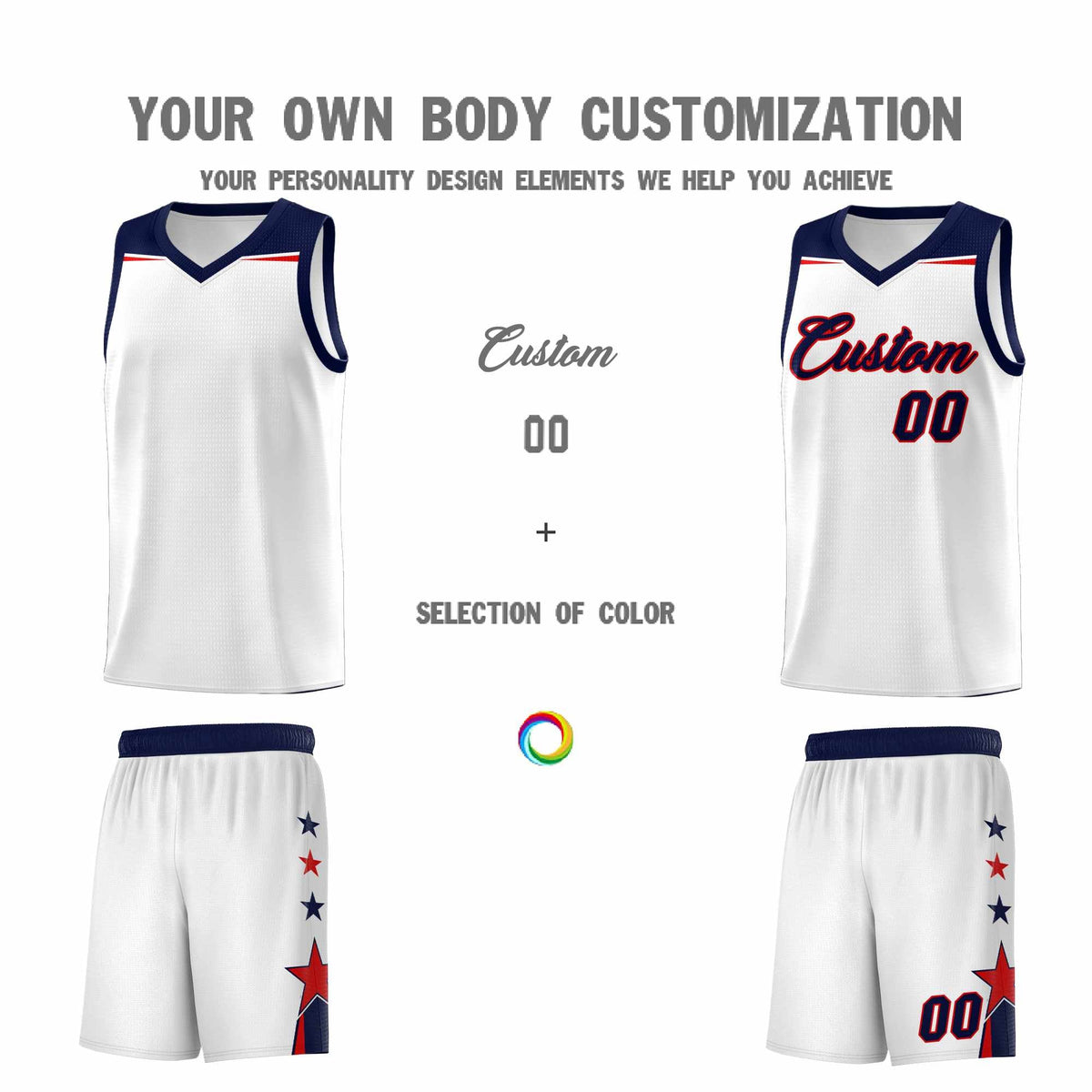 Custom Youth Basketball Uniform White Navy Two Tone Side Star Color Block Team Jersey
