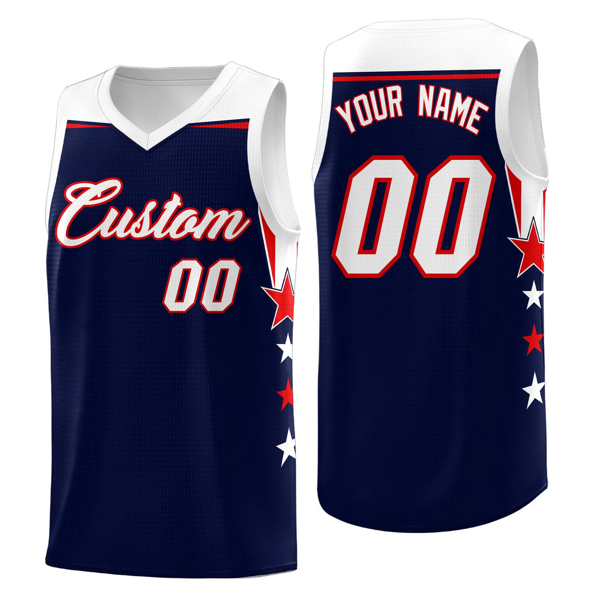 Custom Youth Basketball Uniform Navy White Two Tone Side Star Add Name Number &amp; Logo
