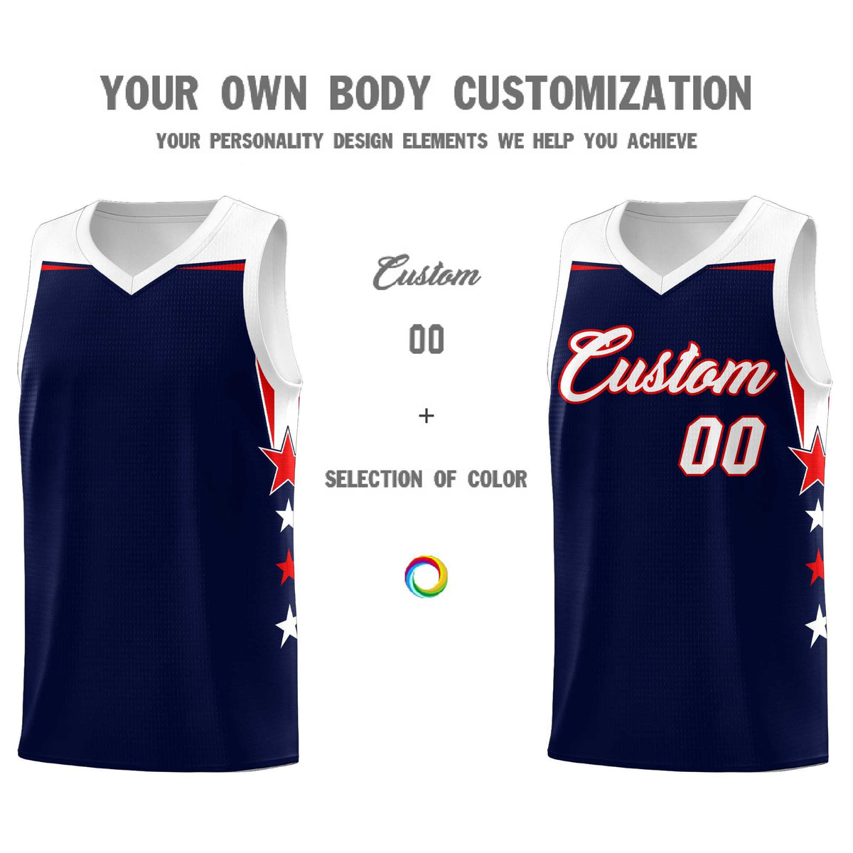 Custom Youth Basketball Uniform Navy White Two Tone Side Star Add Name Number &amp; Logo