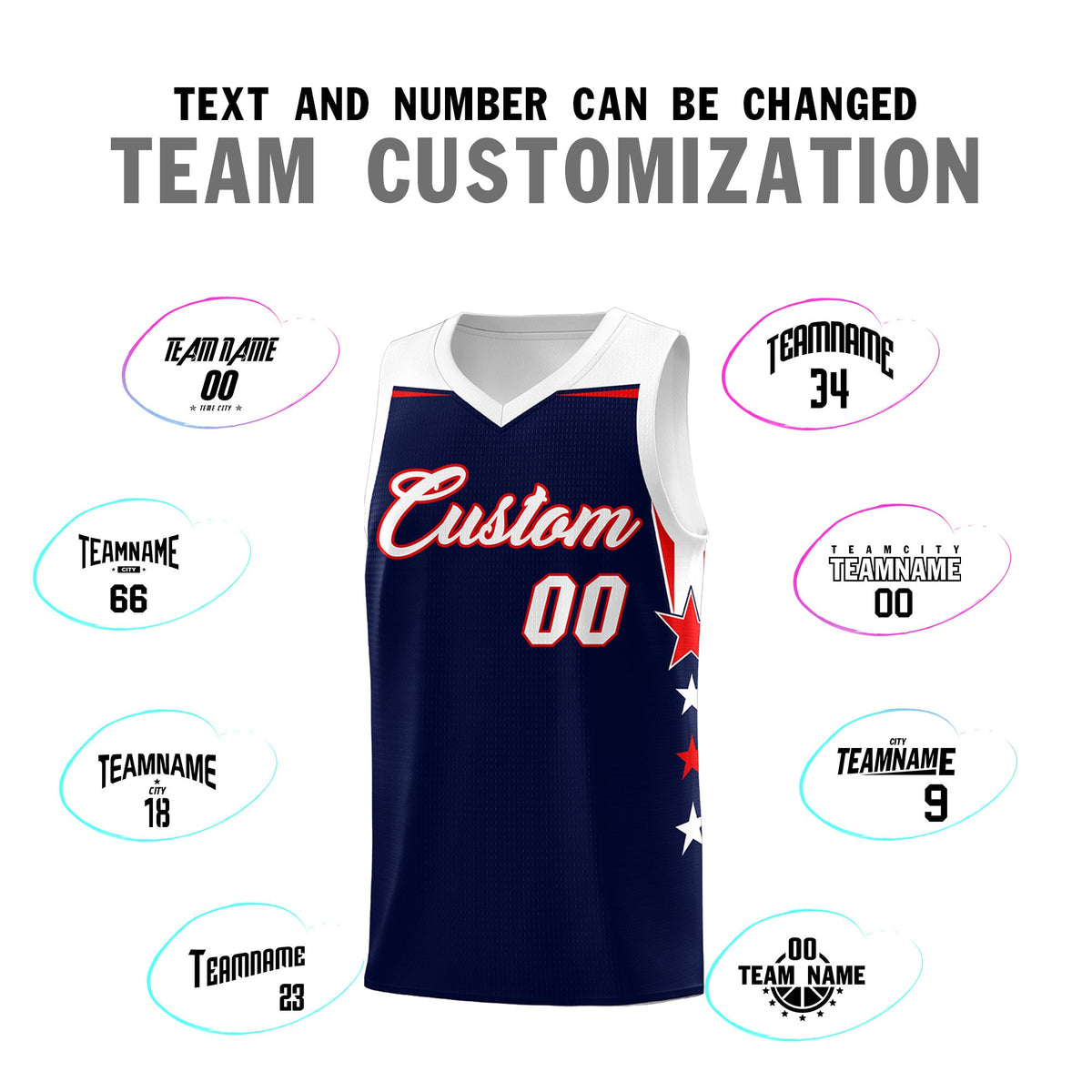 Custom Youth Basketball Uniform Navy White Two Tone Side Star Add Name Number &amp; Logo